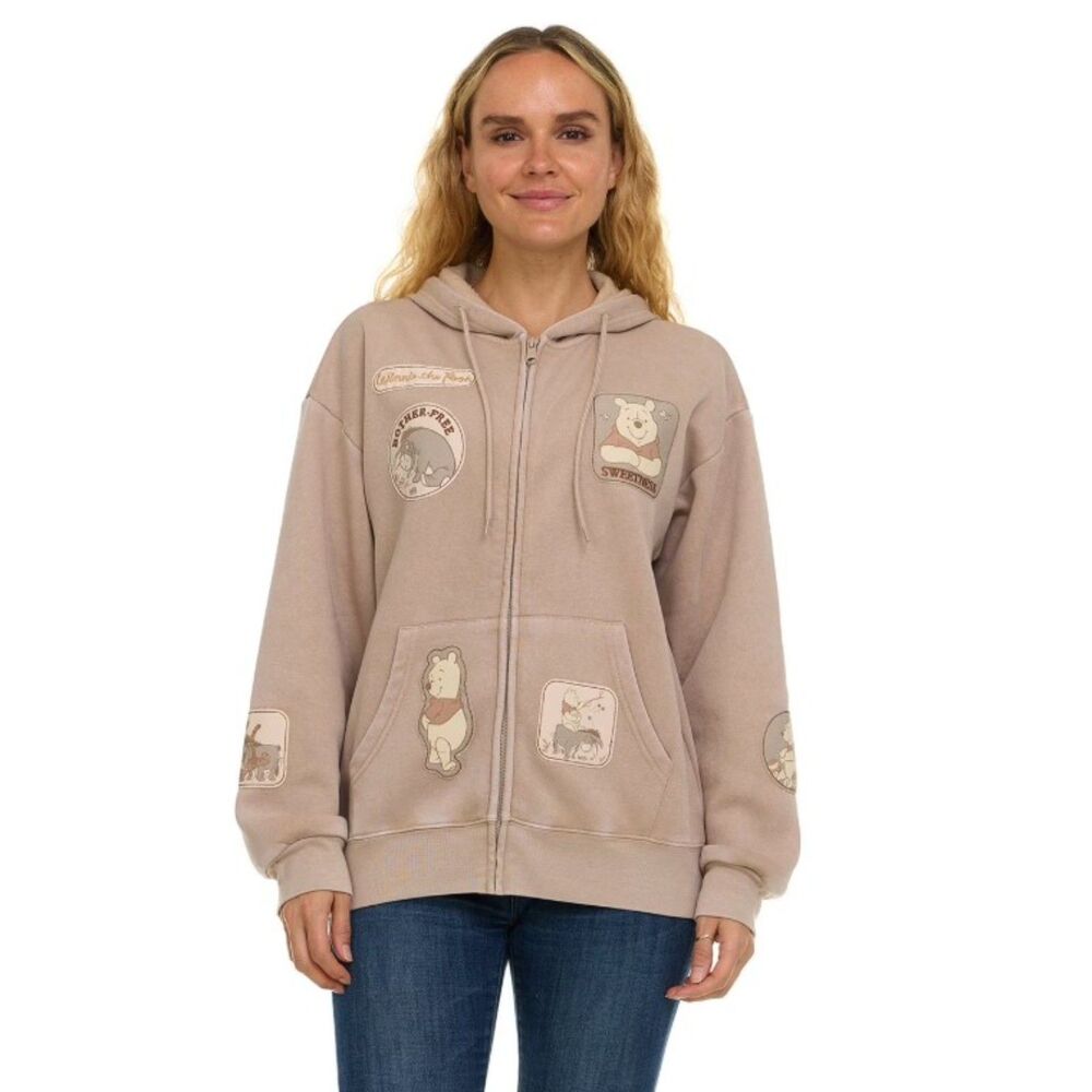 NEW NWT Cream Sz Medium Multi-Patch WINNIE THE POOH EEYORE Hooded Jacket DISNEY